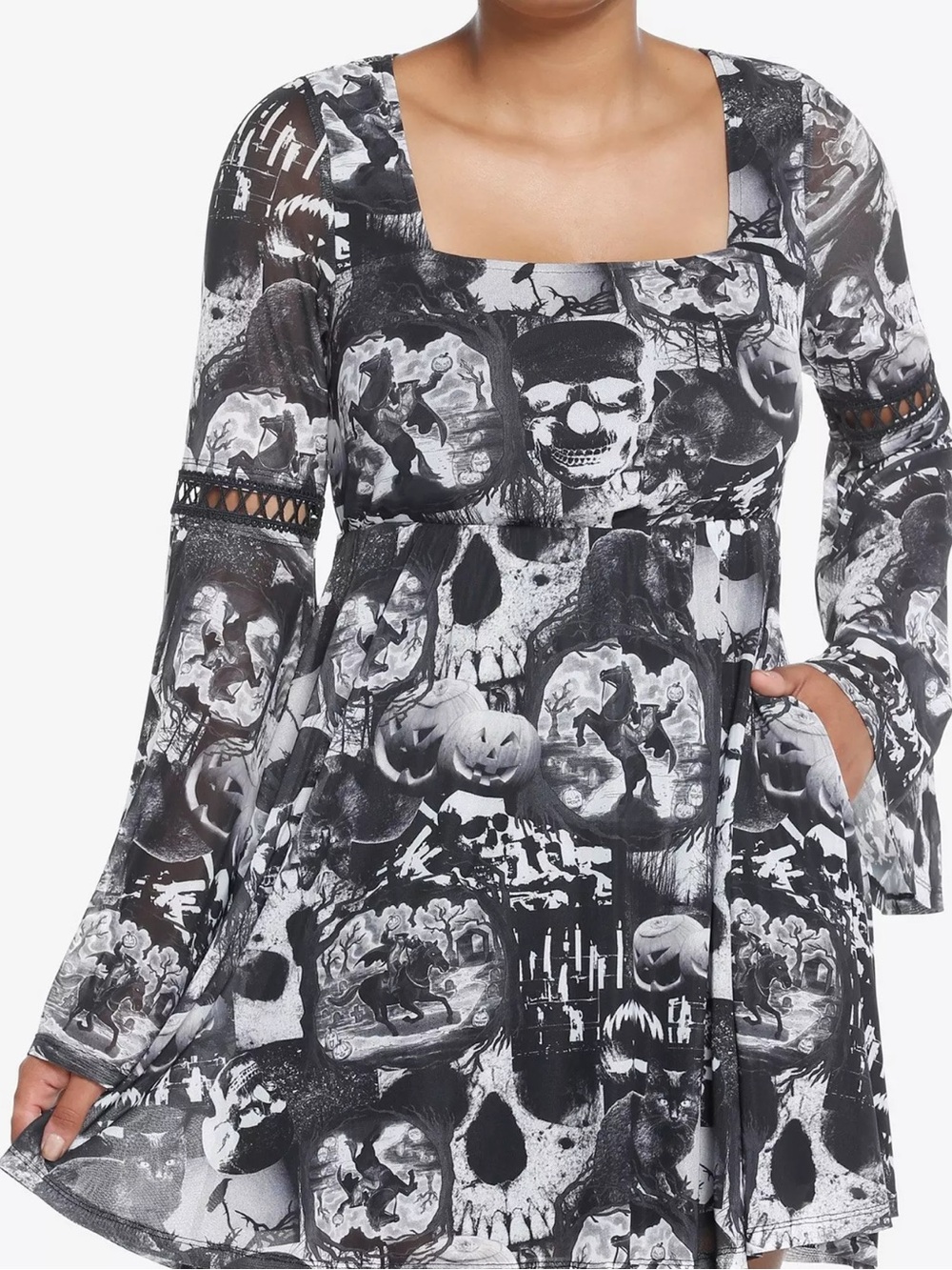 Hot Topic Social Collision Black & White Sleepy Hollow Collage Bell Sleeve Dress